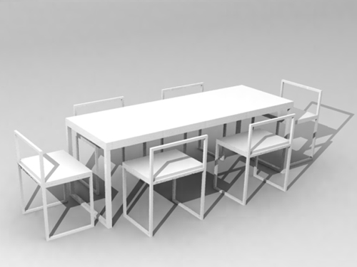 3D-Modell der weiße rechteckige Esstische und Sthle
